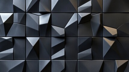 Poster - Modern polished semigloss wall background with 3d triangular tile design featuring black geometric blocks, minimalistic and stylish wallpaper texture for contemporary interior decor, architecture, and