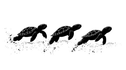 Wall Mural - Baby turtle hatchlings emerging from sand and heading to the water, vector illustration art