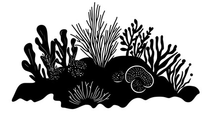 Poster - Barnacle on coastal rock surrounded by seaweed, vector illustration art