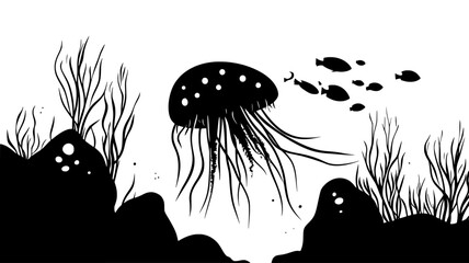 Wall Mural - A box jelly drifting slowly in the deep ocean, with its tentacles trailing through the open water, vector illustration art