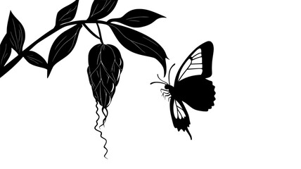 Wall Mural - Butterfly emerging from chrysalis hanging from a plant stem, vector illustration art