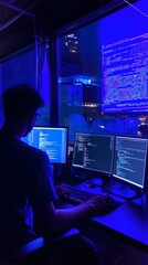 A software developer working late at night, focused on coding with code projection and data visualization in the background