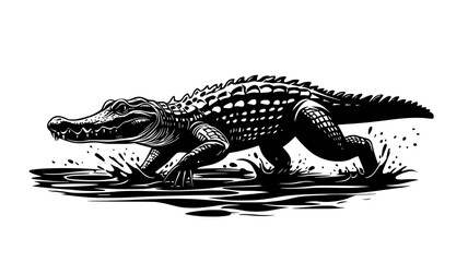 Wall Mural - Crocodile emerging from water, legs pushing against muddy ground, vector illustration art