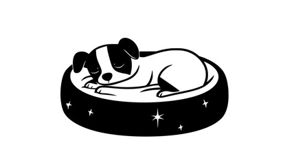 Wall Mural - Dog curled up in round bed sleeping on floor, vector illustration art