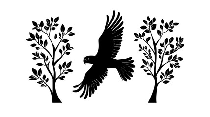 Wall Mural - A parrot flies between two trees, wings flapping as it moves through the air, vector illustration art