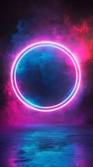 Wall Mural - Neon circle glowing over empty concrete floor background