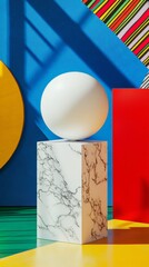 Canvas Print - White sphere balancing on marble cube in colorful studio