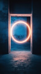 Poster - Neon circle glowing between two concrete walls