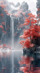 Poster - Serene Waterfall and Red Trees in a Misty Mountain Landscape