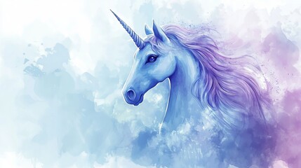 Wall Mural - Soft watercolor background in blue and violet pastel tones with a dreamy rainbow effect, unicorn-themed design perfect for girly aesthetics, digital art projects, scrapbooking, and fantasy-themed invi