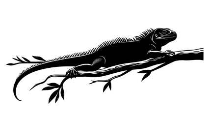 Wall Mural - Iguana sunbathing on a branch, body stretched out horizontally, vector illustration art