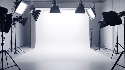 Poster - Clean studio background with minimalist white walls and smooth floor, perfect for product photography, professional portraits, and commercial design projects, offering ample space for creative visuals