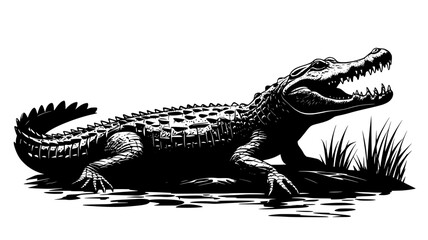 Wall Mural - Crocodile basking on a riverbank with its mouth open, vector illustration art