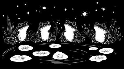 Wall Mural - Group of toads gathered around garden pond at night, vector illustration art