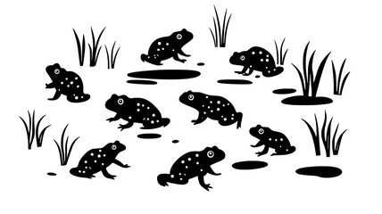 Wall Mural - Group of toads gathered around garden pond at night, vector illustration art