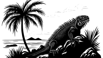 Wall Mural - Iguana basking on a rock near the ocean, vector illustration art