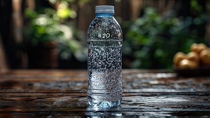 a clear reusable water bottle filled with fresh water labeled with the chemical formula h2o to represent hydration concept emphasizing the importance of drinking water for health