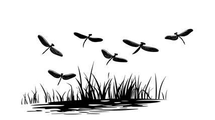 Poster - Dragonflies flying in formation over a pond surface, vector illustration art