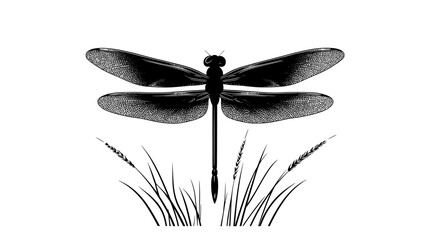 Poster - Dragonfly perched on a reed with its wings outspread, vector illustration art