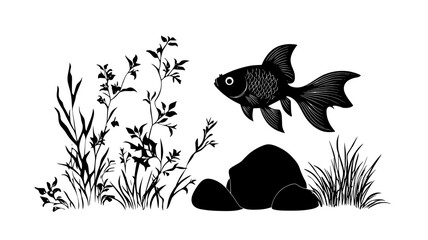 Wall Mural - Goldfish hovering in place near a decorative rock, fins moving steadily, vector illustration art