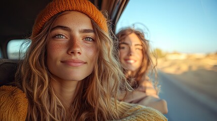 a group of young friends on roadtrip through countryside looking out of window