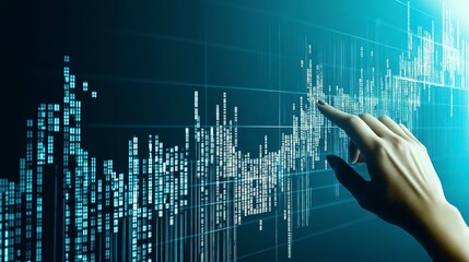 Aufkleber - A hand touching a digital screen with stock market data and a candlestick chart 