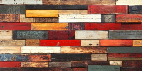 Wall Mural - Rustic wooden wall made of various colored wood planks, each with unique textures.