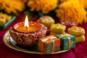 Burning candle, offerings and marigolds on a red background.Banner closeup template Day of the dead, Mexican holiday celebration. Hindu Puja. Festival Vishu, Ugadi or Gudi Padwa. 