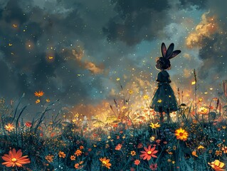 Canvas Print - Dreamy Night in a Field of Flowers