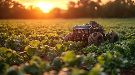 a solar powered agriculture robot working in the field integration of renewable energy ,advanced technology to improve efficiency ,sustainability practices in modern farming generative ai