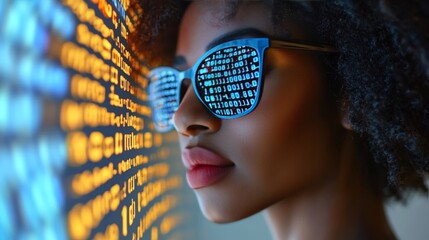 African Woman With Afro Looking at Data Reflecting in Sunglasses Technology, Modern Innovation.