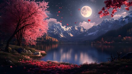 Starry sky, full moon hanging in the night sky, mountains surrounding a red grassy island with a cherry blossom tree