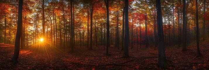 Wall Mural - sunbeams break through the autumn forest canopy, illuminating the forest floor with a golden glow.