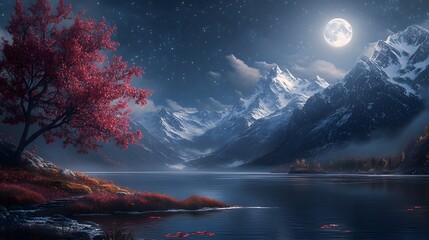 Starry sky, full moon hanging in the night sky, mountains surrounding a red grassy island with a cherry blossom tree