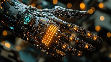Poster - A close-up view of a futuristic robotic hand with intricate details and glowing elements, showcasing advanced technology and design.