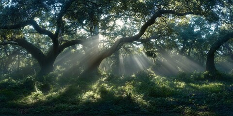 Wall Mural - sunbeams filtering through a dense forest canopy creating a mystical atmosphere.