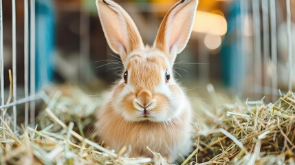 A cute rabbit sitting amidst hay, showcasing its fluffy fur and large ears, perfect for animal lovers and pet enthusiasts.