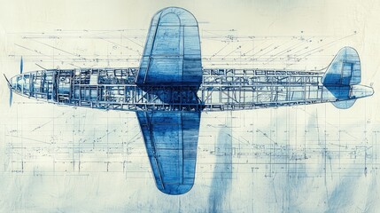 A detailed blueprint of a vintage airplane, showcasing its intricate structure and design in a striking blue hue.