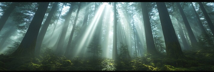 Wall Mural - sunbeams pierce through a misty forest, illuminating the green undergrowth.