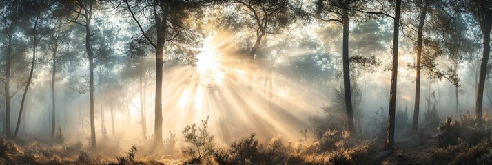 Wall Mural - sunbeams pierce through fog in a misty forest.