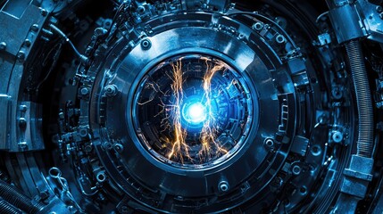 Poster - A futuristic energy source surrounded by intricate mechanical designs and glowing blue light, representing advanced technology.