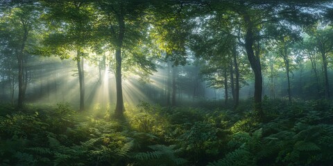 Wall Mural - sunbeams pierce through the dense fog and tall trees of a lush green forest.