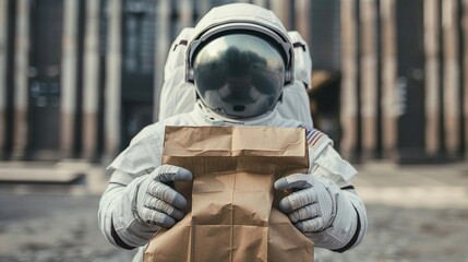 Wall Mural - Cosmonaut holding paper bag mockup in urban setting. Space explorer with brown paperbag template advertising image. Everyday scene. Surreal humorous mock up product photorealistic