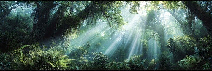 Wall Mural - sunbeams piercing through a dense jungle canopy, creating a mystical atmosphere.