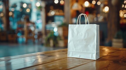 Wall Mural - Crinkled white paper bag mockup on rustic wooden table. Cozy warmly lit cafe bokeh lights paperbag template advertising image. Eco-friendly packaging mock up product photorealistic