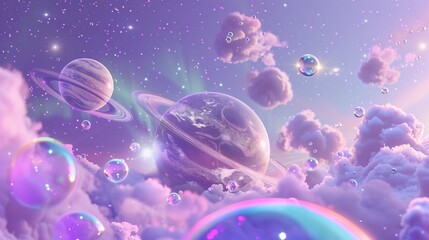 Poster - Planets, bubbles, and clouds against starry sky 3d rendering image. Fantasy space scene with celestial bodies background wallpaper colorful realistic. Cosmos dreams concept idea