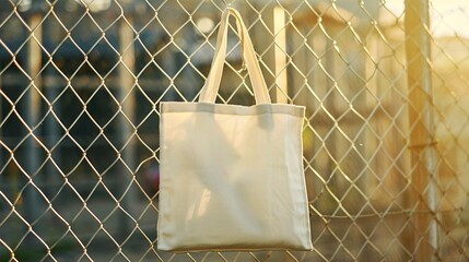 Wall Mural - Tote bag mockup hanging from chainlink fence glowing in golden sunlight. Serene outdoor vibe totebag template advertising image. Shopper handbag mock up product photorealistic