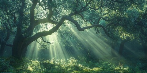 Wall Mural - sunbeams shining through the branches of a forest.