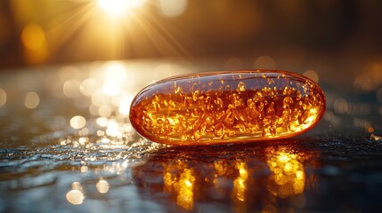 fish oil capsule symbolizing vitamin d supplementation the background is bathed in warm sunlight emphasizing the importance of vitamin d for robust immune system ,overall health