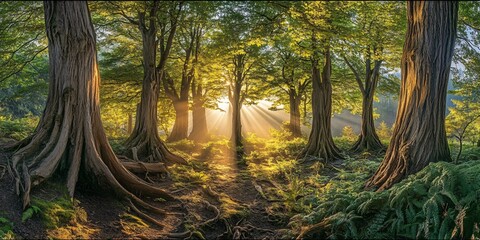 Wall Mural - sunbeams shining through the leaves of a forest, illuminating the thick trunks and roots of ancient 